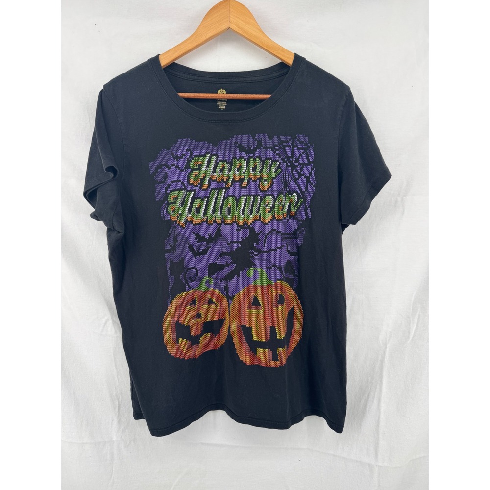 Happy Halloween Pumpkins Faux Knit Graphic T-Shirt Black 2X GT26G208G